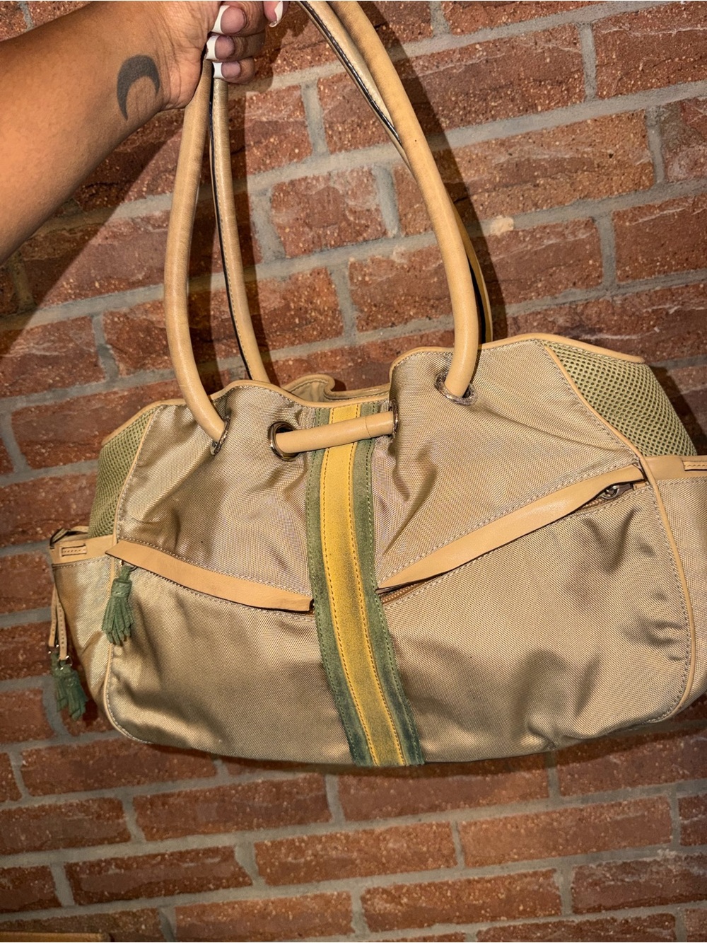 Cole Haan Tan Shoulder Tote with Olive and Yellow Stripe - Picture 3 of 8